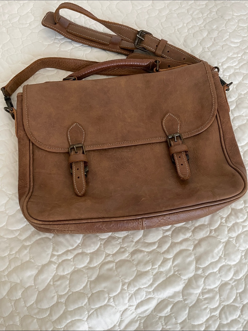 Roots Brown Leather Messenger Bag with Buckle Front